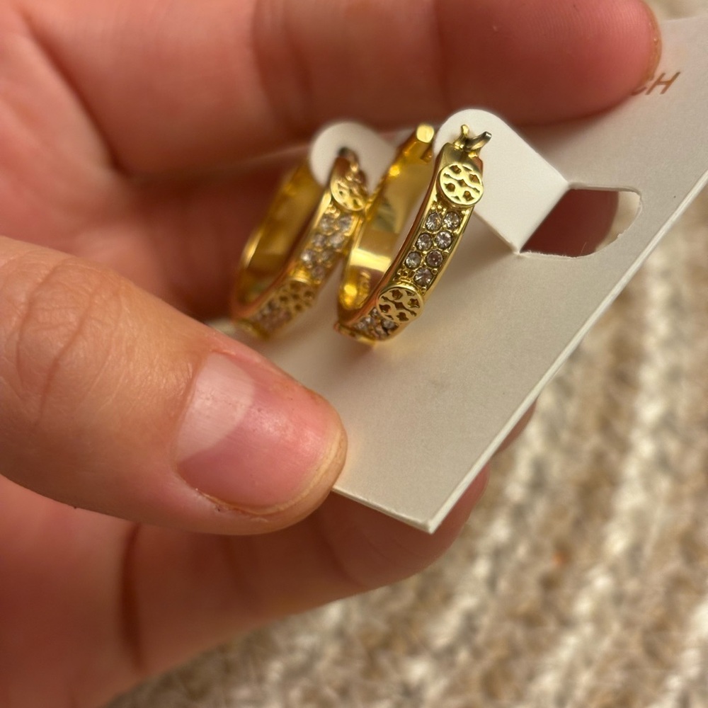 Tory Burch Gold Embellished Hoop Earrings - Picture 7 of 10